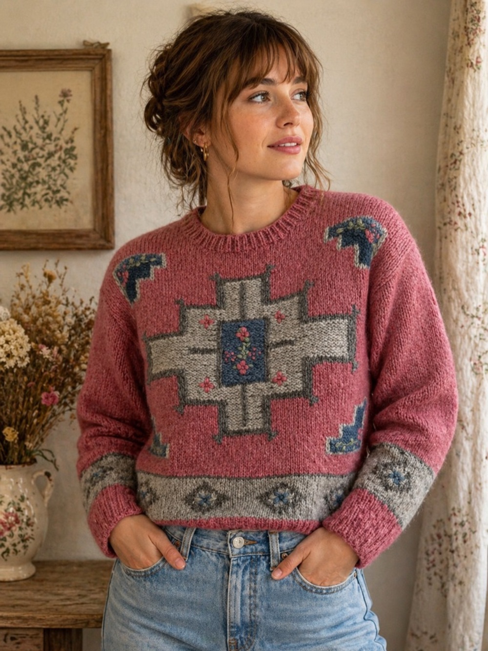 Vintage Deans Shetland Wool Sweater Pink Folk Art Cottagecore M